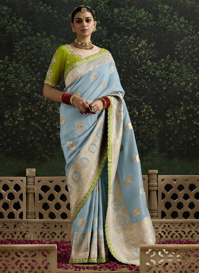 Dola Silk Sky Blue Wedding Wear Embroidery Work Saree